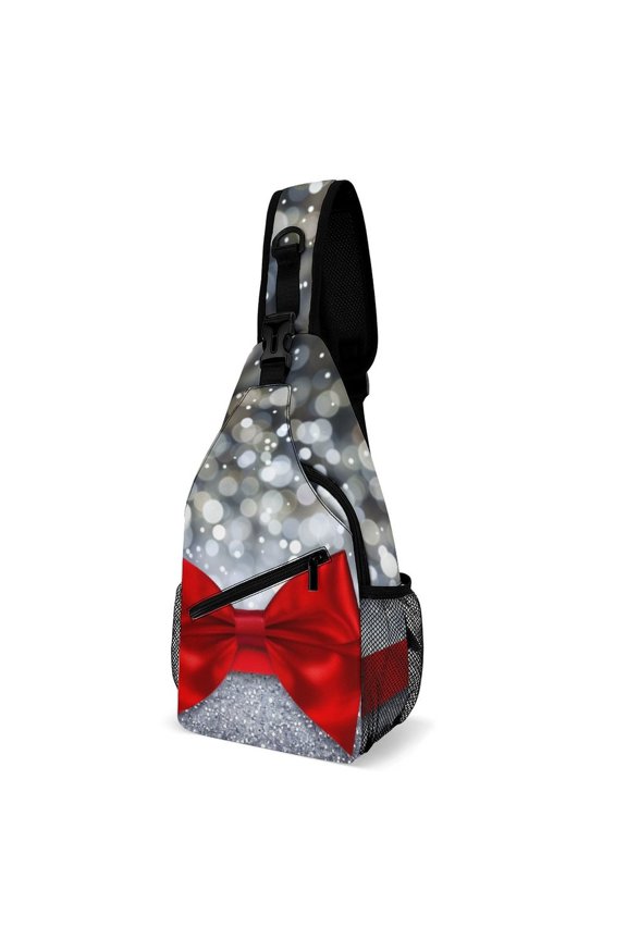 Twill Chest Bag Pack Unisex – Multi‑Pocket with Mesh Side Pockets Adjustable Strap – Shiny Silver Starry Christmas with Red Bow Tie