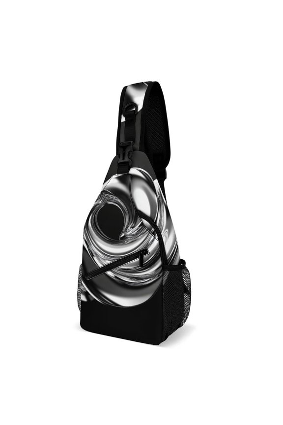 Twill Chest Bag Pack Unisex – Multi‑Pocket with Mesh Side Pockets Adjustable Strap – Silver Chrome Spiral Template