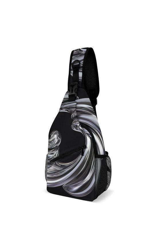 Twill Chest Bag Pack Unisex – Multi‑Pocket with Mesh Side Pockets Adjustable Strap – Silver Chrome Spiral Template