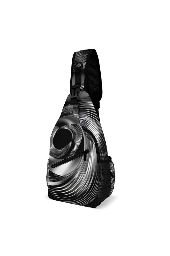 Twill Chest Bag Pack Unisex – Multi‑Pocket with Mesh Side Pockets Adjustable Strap – Silver Chrome Spiral Template