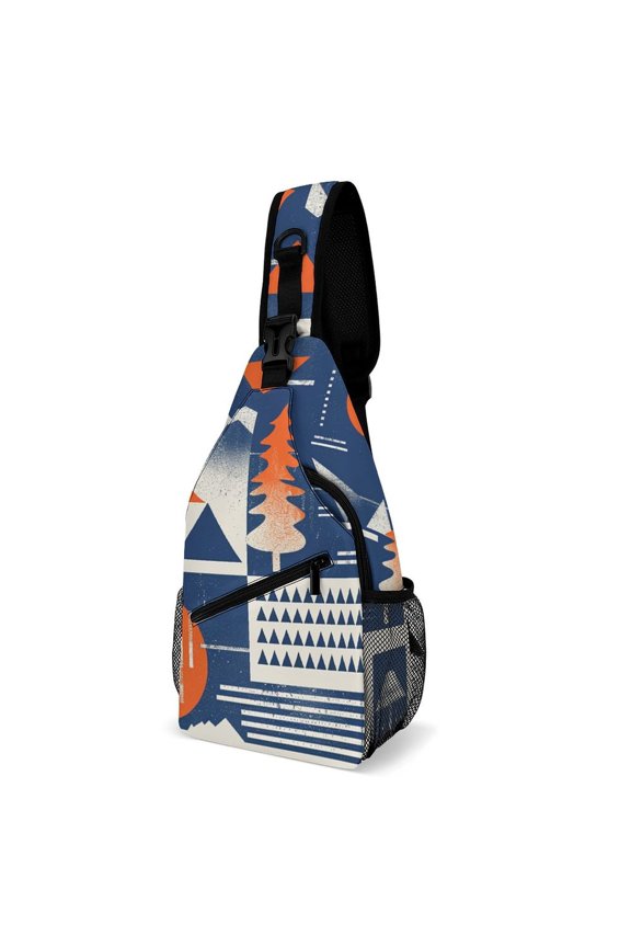 Twill Chest Bag Pack Unisex – Multi‑Pocket with Mesh Side Pockets Adjustable Strap – Simplicity Vintage Geometric Mountains Trees