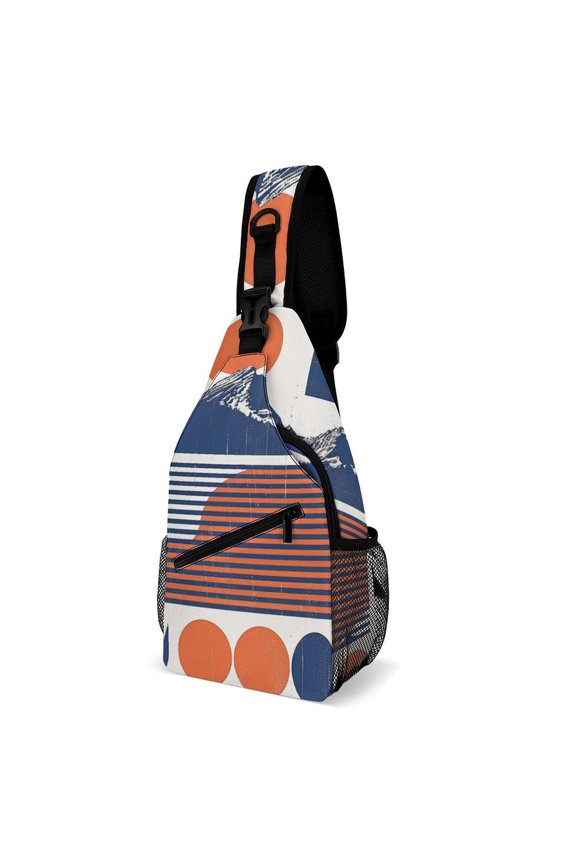 Twill Chest Bag Pack Unisex – Multi‑Pocket with Mesh Side Pockets Adjustable Strap – Simplicity Vintage Geometric Mountains Trees