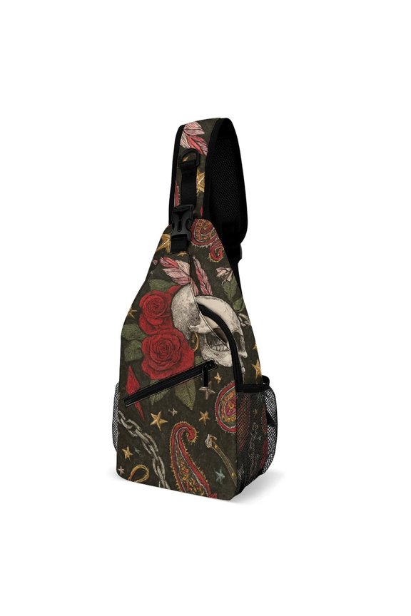 Twill Chest Bag Pack Unisex – Multi‑Pocket with Mesh Side Pockets Adjustable Strap – Skull Rose Feather Boho