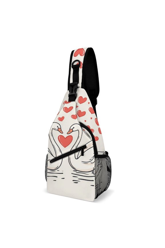 Twill Chest Bag Pack Unisex – Multi‑Pocket with Mesh Side Pockets Adjustable Strap – Swan Love Valentines