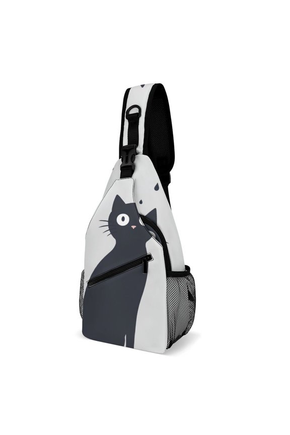 Twill Chest Bag Pack Unisex – Multi‑Pocket with Mesh Side Pockets Adjustable Strap – Upright Black Cat