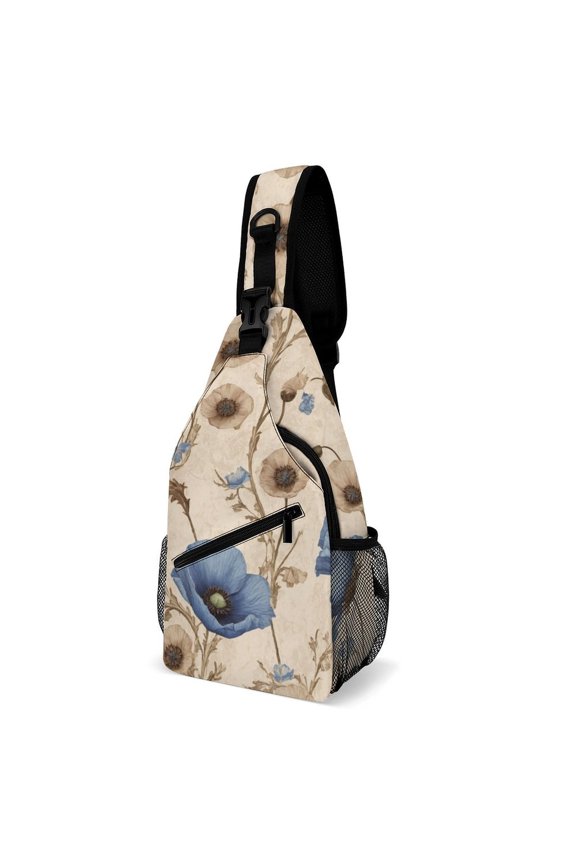 Twill Chest Bag Pack Unisex – Multi‑Pocket with Mesh Side Pockets Adjustable Strap – Vintage Blue Poppy Floral