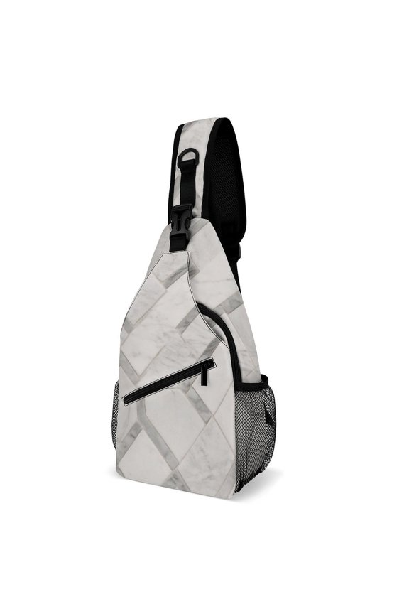 Twill Chest Bag Pack Unisex – Multi‑Pocket with Mesh Side Pockets Adjustable Strap – White Marble