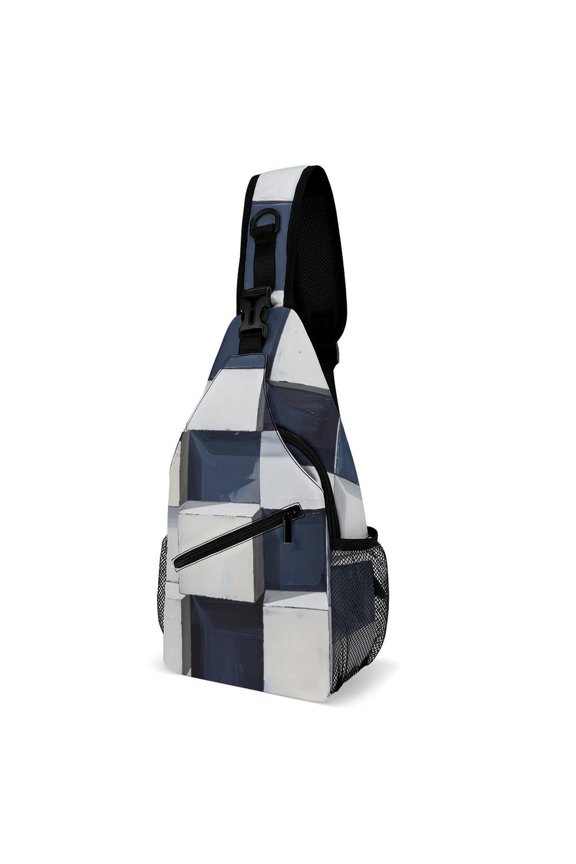 Twill Chest Bag Pack Unisex – Multi‑Pocket with Mesh Side Pockets Adjustable Strap – White Navy Cubes
