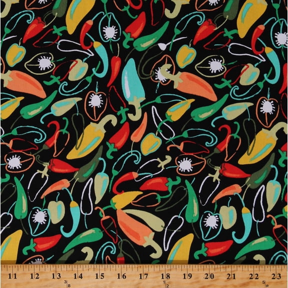 Twill Chili Peppers Mexican Food Vegetables Kitchen Cooking Multicolor on Black 60" Wide Cotton Bottom Weight Fabric by the Yard (1271R-3E)