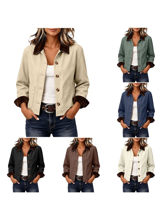 Twill Cropped Jackets for Women, Button Down Lapel Collar Rolled Long Sleeve, Fall Stylish Relaxed Fit Casual Barn Jacket S-3XL