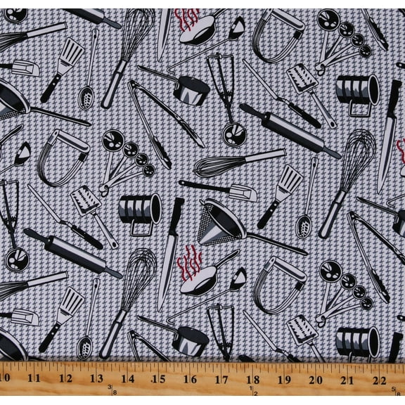 Twill Kitchen Utensils Cooking Food Spatula Whisk Baking Pan Black Grey White 60" Wide Cotton Bottom Weight Fabric by the Yard (1271R-3E)