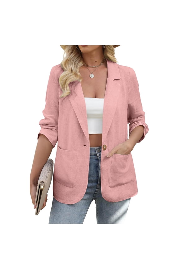 Twill Textured Suits for Womens Turn Over Collar Open-Front Suits with Pockets Button-Up Trends Lightweight Blouses Tops Jackets with Pockets