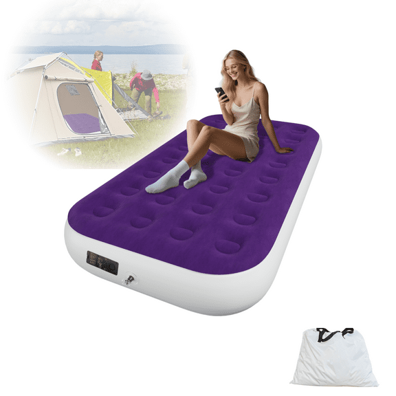Twin 10" Top Flocking Air Mattress with Built-in Pump Raised Comfort,Fast Inflation/Deflation Foldable Portable Air Bed with Storage Bag for Home,Camping,Guests Purple