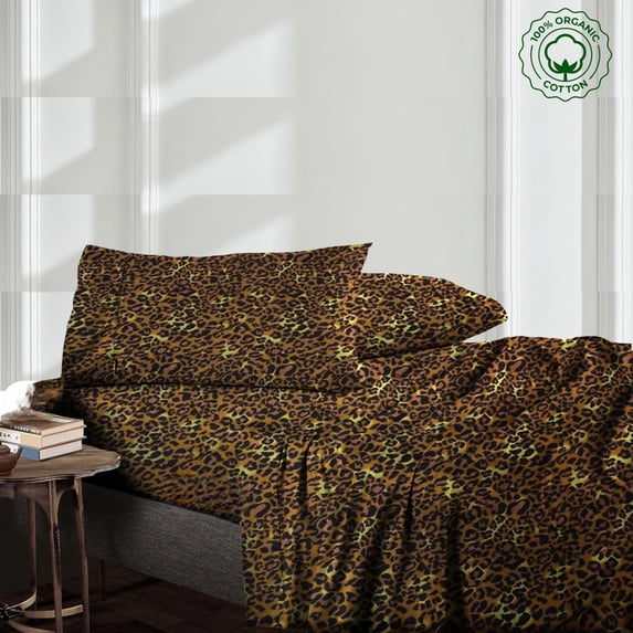 PRATYUX Twin 3-PC (1 Fitted + 2 Pillowcases) Pure Organic Bed Sheet Set 700-Thread Count, 15" Deep Pockets - Leopard Print