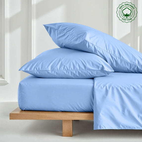 Twin 3-PC (1 Fitted + 2 Pillowcases) Pure Organic Bed Sheet Set 800-Thread Count, 21" Deep Pockets - Light Blue
