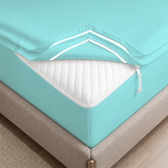 Twin 3 PC Zip-On Fitted Sheet, 600 TC Egyptian Cotton, 18" Deep, Aqua Blue