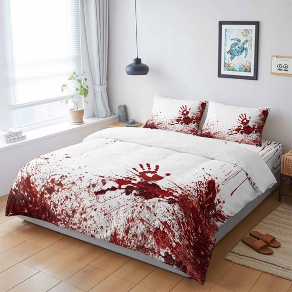 Twin 4 Piece Bedding Set Halloween Bloody Handprint Soft Breathable Duvet Cover with Pillow Shams, Horror Blood Bloody Palm Duvet Cover Set Bed Sheets for Bedroom Dormitory Guest Room
