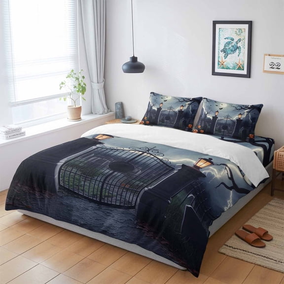 Twin 4 Piece Bedding Set Halloween Retro Dead Tree Manor Soft Breathable Duvet Cover with Pillow Shams, Horror Night Bats Duvet Cover Set Bed Sheets for Bedroom Dormitory Guest Room