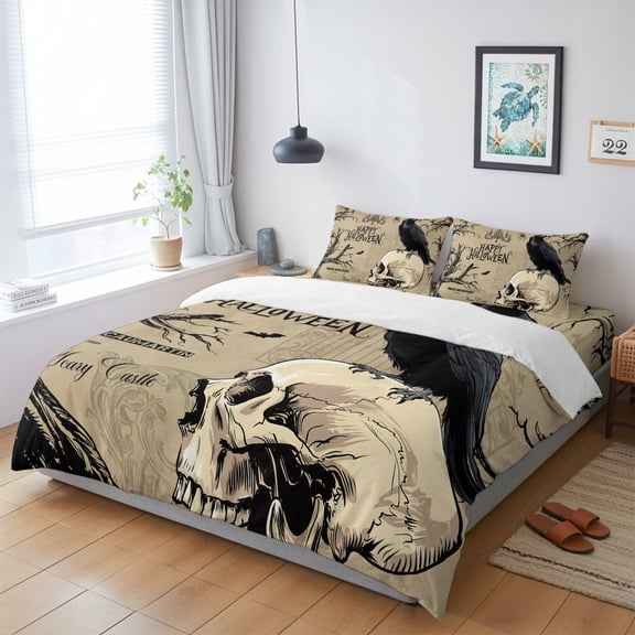 Twin 4 Piece Bedding Set Happy Halloween Black Crow Human Skeleton Soft Breathable Duvet Cover with Pillow Shams, Dead Tree Scary Bat Duvet Cover Set Bed Sheets for Bedroom Dormitory Guest Room