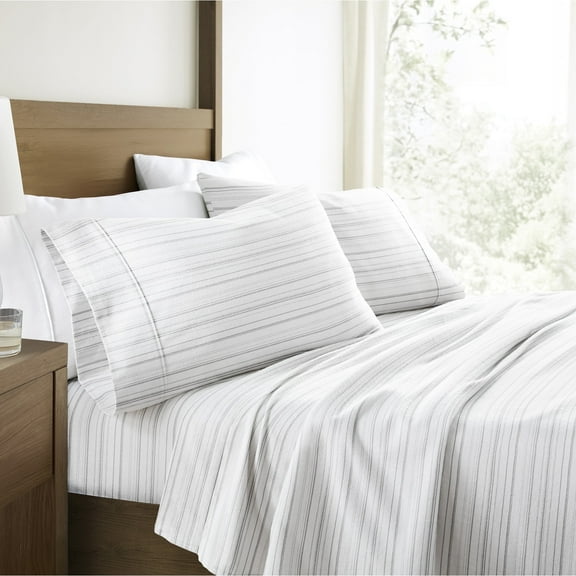 100% Cotton Flannel Bed Sheets Set for Twin Size Bedding in Weathered Stripes Gray by Comfort Canopy