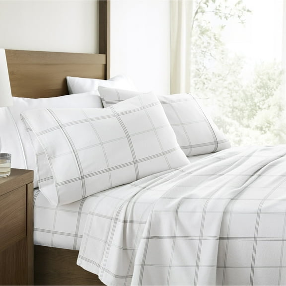100% Cotton Flannel Bed Sheets Set for Twin Size Bedding in Checkered Gray by Comfort Canopy