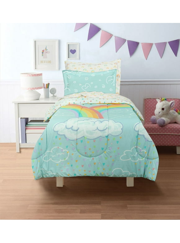 Twin 5-Piece Comforter Set, Kidz Mix Rainbow Clouds Super Soft Bed in a Bag with Reversible Comforter and Sheet Set