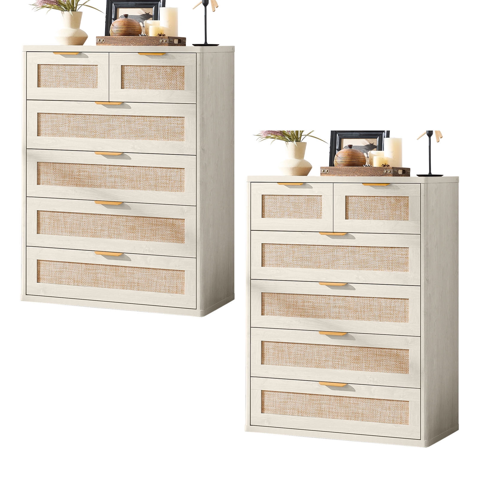 Twin 6 Drawer Tall Dressers, Boho Dresser with Oversized Storage Space Rattan Dressers & Chests of Drawer Engineered Wooden Dressers for Bedroom, Rustic White