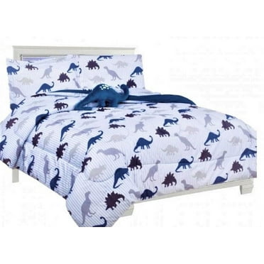 Twin 6 piece kids girls boys comforter set bed in bag w/shams, sheet set & decorative toy pillow dinosaur white print design comforter bedding set w/sheet soft lightweight