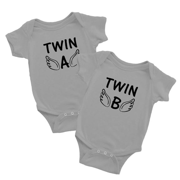 Twin A & Twin B White Baby Short Sleeve Twin Baby Bodysuit (Gray, 6-12M)