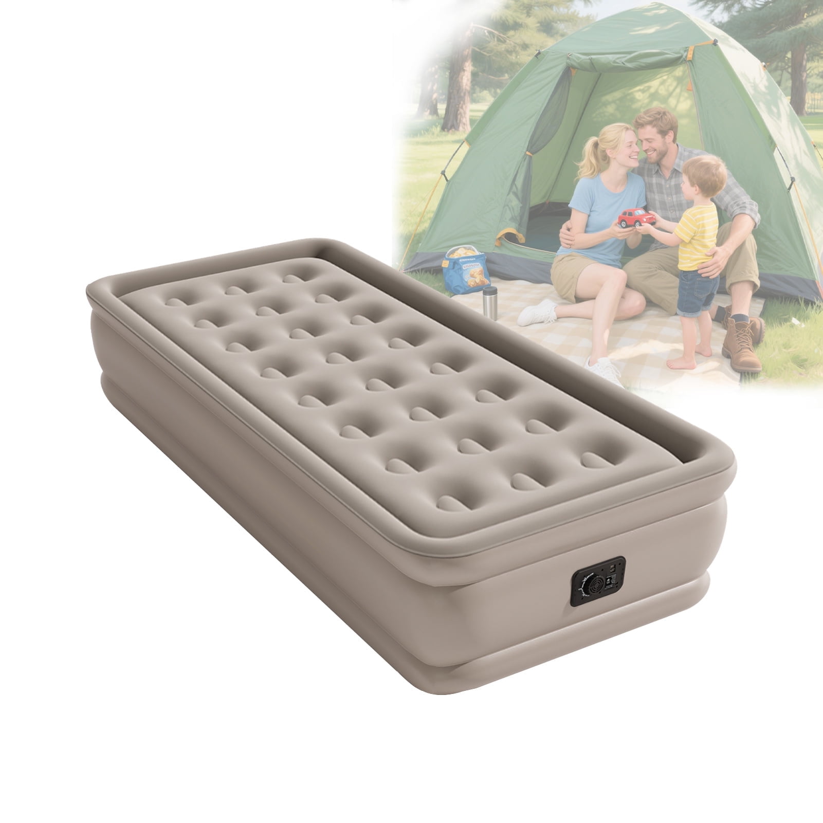 Twin Air Mattress with Built-in Pump 18" Top Flocking,Raised Comfort,Fast Inflation/Deflation Foldable Portable Air Bed with Storage Bag for Home,Camping,Guests Khaki