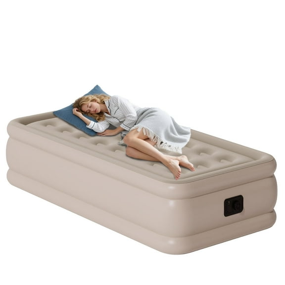 Twin Air Mattress with Built in Pump,Inflatable High Portable,Blow Up Air Bed for Home,Travel and Guest(Khaki)