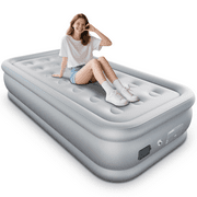 Twin Air Mattress with Built-in Wireless Pump-Inflatable Bed for Camping&Guests,All Fabric Cooling Toppe,18"Gray,3 Minutes Inflation