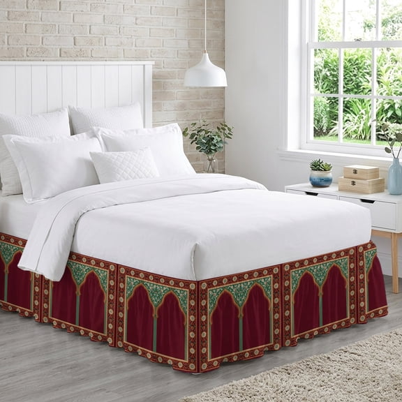Twin Arches Bed Skirt King Size 18 Inch Drop, Classic Red Green Twin Arches Adjustable Elastic Dust Ruffles Bedskirt for King Bed Wrap Around Pleated Mattress Frame Cover