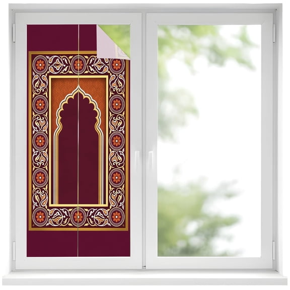 Twin Arches Window Privacy Film, Vintage Traditional Red Orange Floral Frame Frosted Glass Window Clings Static Cling UV Heat Blocking Reusable Door Sticker for Bathroom 19.6 x 39.3 Inch