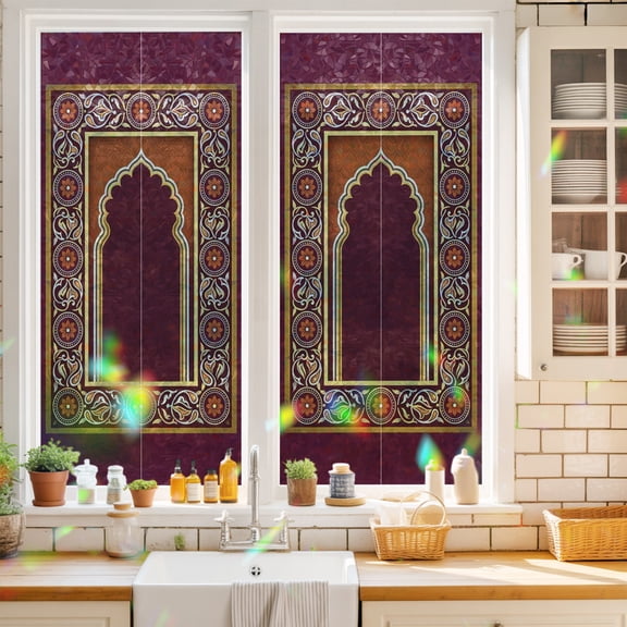 Twin Arches Window Privacy Film Vintage Traditional Red Orange Floral Frame Static Cling Stained Glass Window Film Non-Adhesive Decorative Decals Rainbow Sticker 17.7"X39.3"