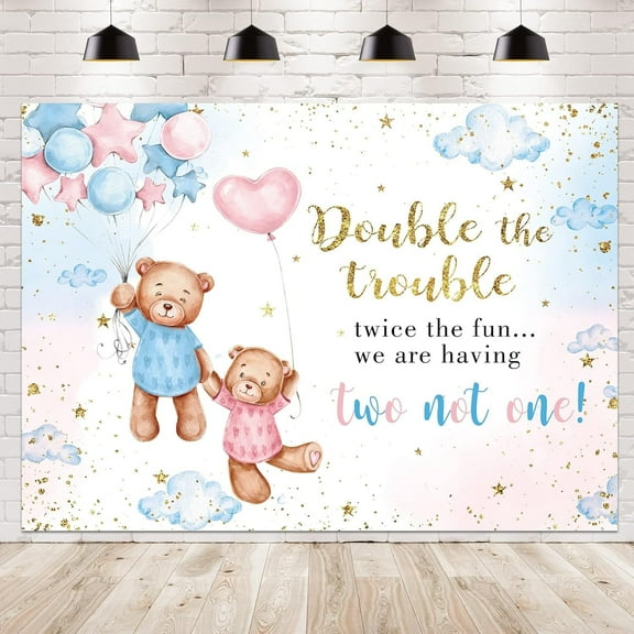 Twin Baby Shower Decorations Backdrop Bear Gender Reveal Decorations for Twins Double The Trouble Twice The Fun We are Having Baby Shower Background Party for Photography Banner Booth