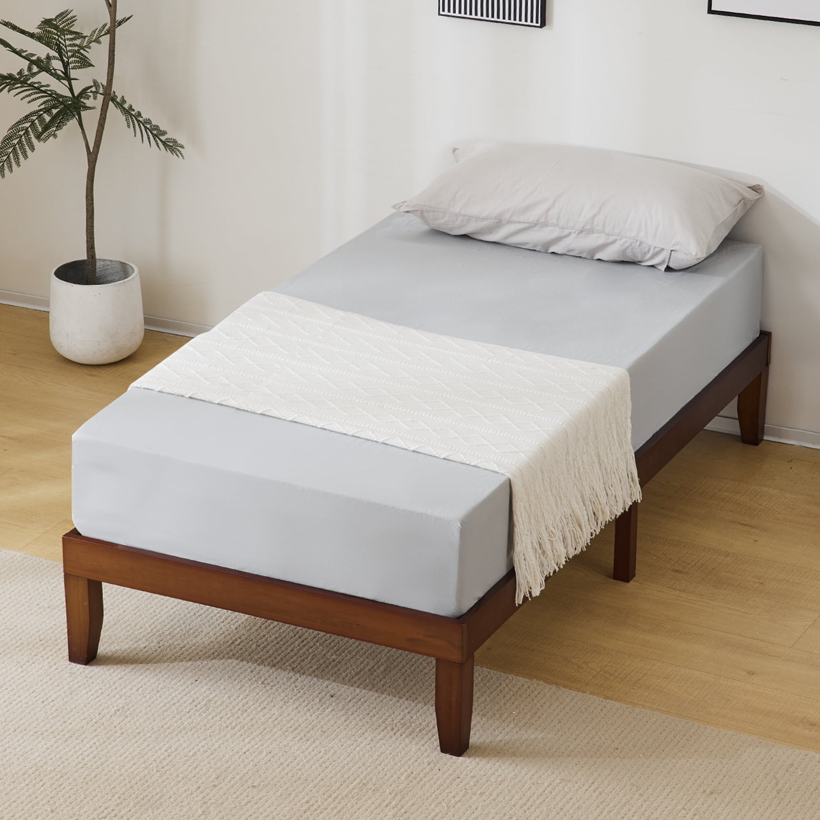 Twin Basic Bed Frame Pine Wood Painted Surface Bed Single Bed, 74.41*37.99*12in Coffee