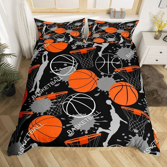 Twin Basketball Bedding Set for Kids - Sports Theme Duvet Cover & Pillowcases, Graffiti Hippie Decor (3-Pc, No Comforter) - Perfect Gift for Boys' Room, Christmas/Birthday