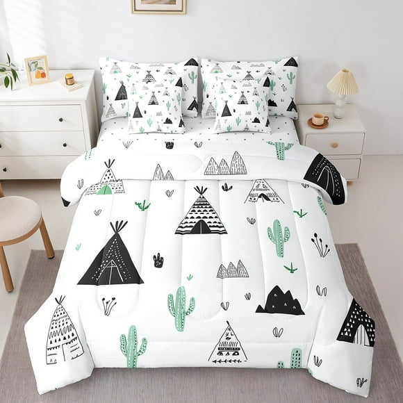 Twin Bed in a Bag Cartoon Camping Comforter Set with Sheets 7Pieces All Season Camper Bedding Sets with Comforter, Pillow Sham, Flat Sheet, Fitted Sheet and Pillowcase