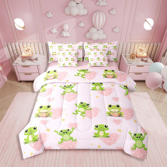 Twin Bed in a Bag Cartoon Frog Comforter Set with Sheets 7Pieces All Season Amphibians Bedding Sets with Comforter,Pillow Sham,Flat Sheet,Fitted Sheet and Pillowcase