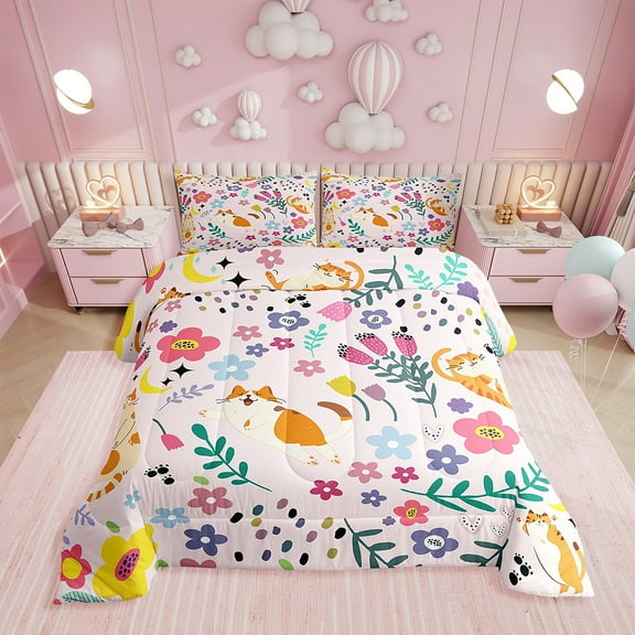 Twin Bed Comforter Set ,Garden Floral Cat Bedding ,Cartoon Cat Comforter Kawaii Flower Plants Down Comforter with 1 Pillowcase Lightweight,Reversible Pink