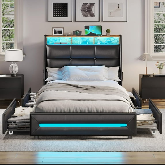 Twin Bed Frame with 4 Storage Drawers, Twin Size Platform Bed with Charging Station and Storage Shelves, Upholstered Headboard and Footboard with LED Lights, No Box Spring Needed, Black