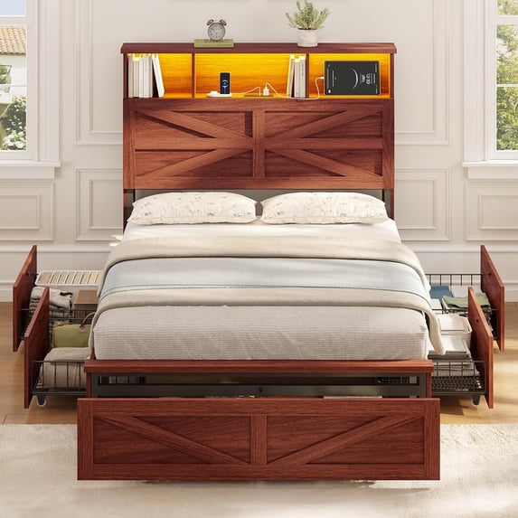 Twin Bed Frame with 5 Storage Drawers and Charging Station, Farmhouse Wooden Platform Bed Frame with Barn Door Headboard and Hidden Compartment, No Box Spring Needed, Brown