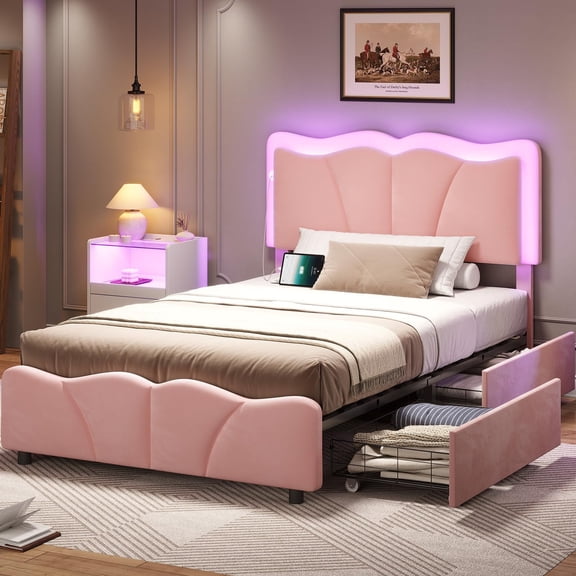 Twin Bed Frame with Adjustable Flowers Headboard and 4 Storage Drawers, Upholstered LED Bed Frame with USB Ports and Type C, Velvet Bed Frames Twin Size, No Box Spring Needed, Pink