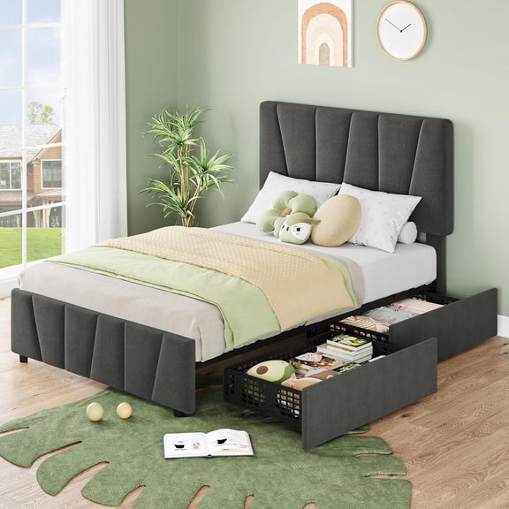 Twin Bed Frame with Adjustable Headboard & 2 Drawers, Modern Linen Upholstered Platform Bed Frame, No Box Spring Needed, Wood Slat Support, Noise Free & Easy Assembly, Grey
