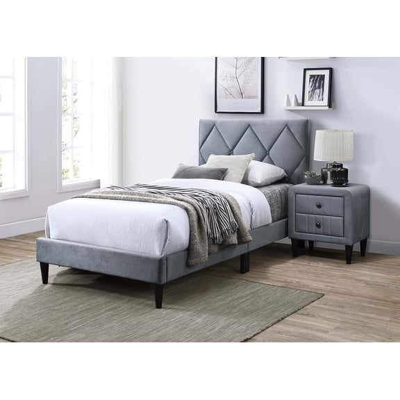 Poundex Twin Bed Frame with Adjustable Velvet Headboard, Diamond Tufting, No Box Spring Needed - Gray