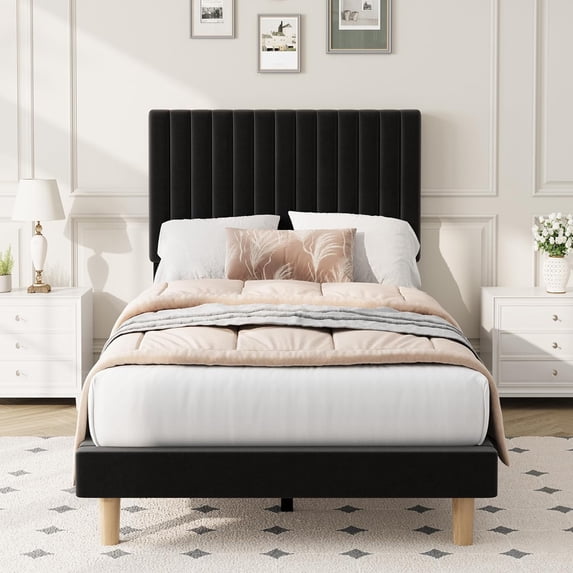 Twin Bed Frame with Adjustable Headboard, Velvet Upholstered Platform Twin Size Bed Frame, Vertical Channel Tufted, Strong Wooden Slats, No Box Spring Needed, Easy Assembly, Black