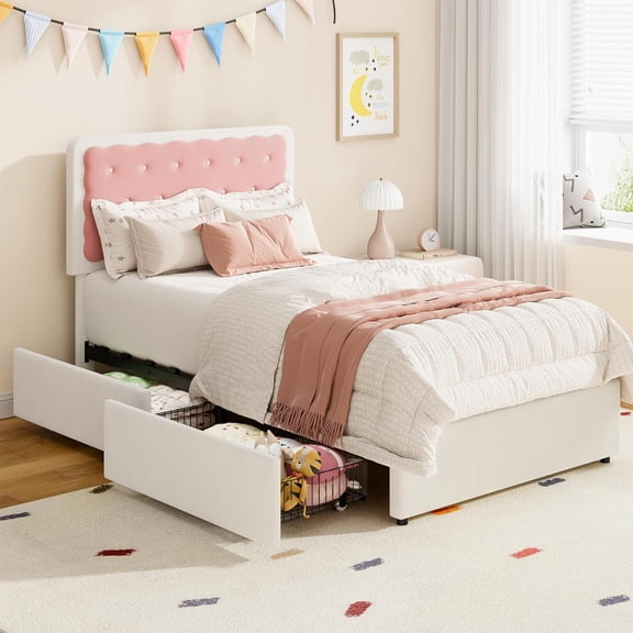 Twin Bed Frame with Biscuit Tufted Velvet Headboard, Princess Upholstered Platform Bed with 2 Storage Drawers, Sturdy Wood Slats, No Box Spring, Easy Assembly, Cream White & Pink