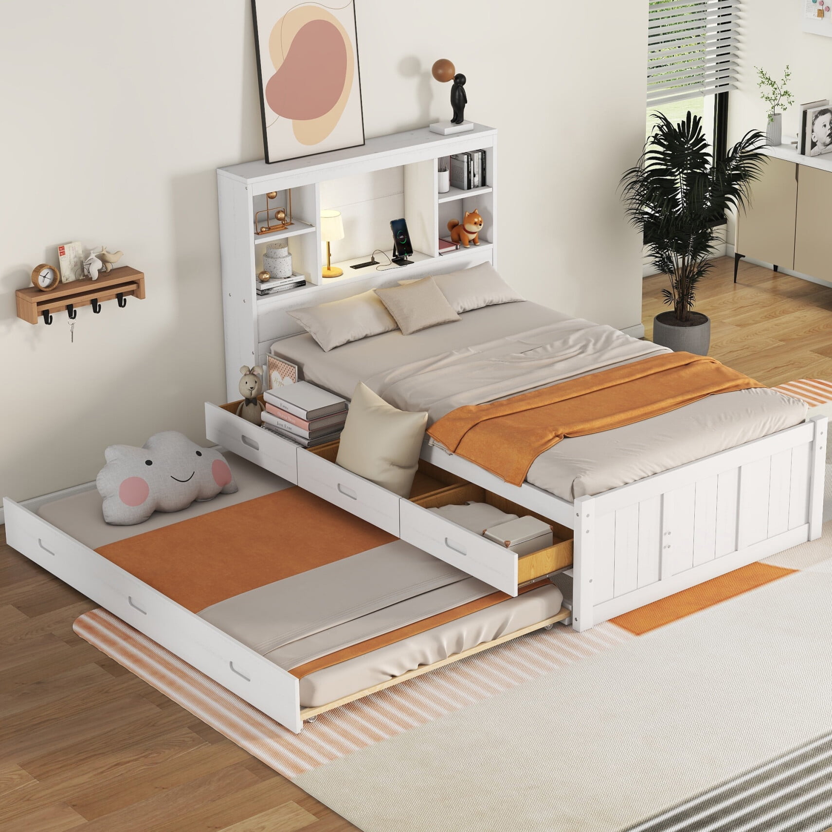 Twin Bed Frame with Bookcase Headboard and Charging Station, Wood