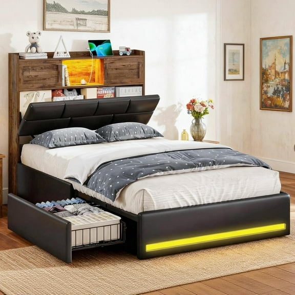 Twin Size Bed Frame with Headboard, Upholstered Platform Bed with Bookcase Headboard and LED Sliding Barn Door Cabinet & Built-in Charging Station, Wooden Slats,  Brown